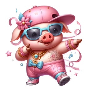 10 PNG de cerditos lindos, traje rosa, gafas de sol, cadenas doradas, cerdito bailando PNG para decoración de fiestas, manualidades de sublimación