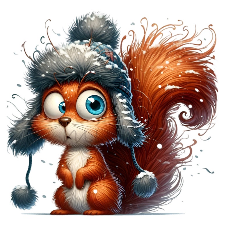May include: A cartoon squirrel wearing a blue and white winter hat with a fluffy white pom-pom. The squirrel has large blue eyes and a bushy orange tail.