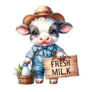 16 boerderijkoe png – Schattige babykalf clipart met bord verse melk – Dierenkunst van het land voor kinderprints, kinderdagverblijven en boerderijambachten