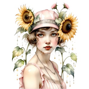 19 Elegant Woman with Sunflowers PNG Clipart, Whimsical Floral Portrait, Vintage-Inspired Digital Art