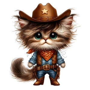 12 Cowboy Cat PNG Clipart - Gattino soffice in abito western con cappello, bandana e stivali - Download digitale
