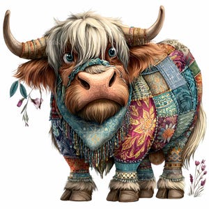 May include: A whimsical illustration of a Highland cow adorned in colorful patchwork clothing. The cow has long, shaggy brown fur, a white fringe, and a blue scarf. The patchwork design features floral and geometric patterns.