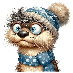 15 Winter Otter PNG Clipart - Nettes verschneites Tier mit blauer Strickmütze und Schal, lustiger Zeichentrickfigur für Sublimation und Kunsthandwerk