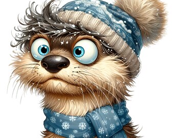 15 bonnets loutre d'hiver (PNG), écharpe bleue, chapeau flocon de neige, animal duveteux