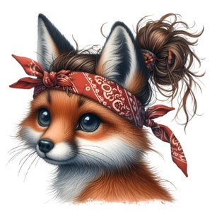 10 cliparts bandana animal PNG - Fille renarde PNG - Art mignon de personnage des bois pour des impressions de chambre de bébé, des autocollants, des vêtements ou des projets d'artisanat