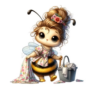 May include: A whimsical illustration of a bee-like character with large eyes, wearing a floral dress and a flower-adorned hairstyle. The bee is holding a floral cloth and a bucket with laundry, suggesting a domestic theme.