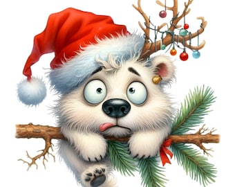 15 Orso polare Ramo di pino PNG, Cappello di Babbo Natale Animale Clipart, Grafica invernale per le vacanze