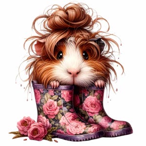 14 PNG Botas florales de animales – Clipart PNG de conejillo de indias – Lindo arte de mascota de primavera para manualidades infantiles, láminas infantiles y pegatinas DIY