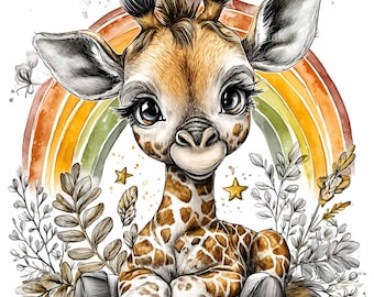 12 PNG Rainbow giraffe clipart – cute giraffe PNG – safari animal art for nursery decor, baby shower, kids crafts, jungle theme designs