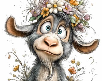 15 PNG Floral Goat Flower Crown Clipart, Farmhouse Animal Art