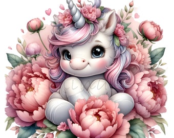 May include: A white unicorn with a pink and purple mane and tail, wearing a pink flower crown, surrounded by pink peonies and green leaves.