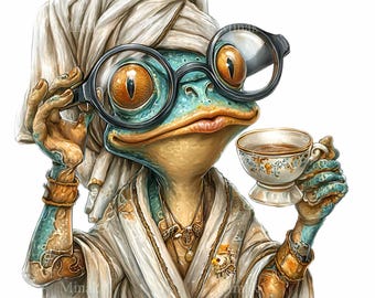 15 PNG Funny Frog Sublimation Tea Drinking Toad Clipart, Spa Watercolor