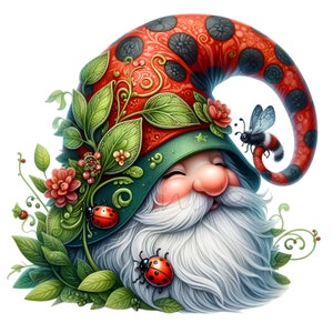 Clipart coccinella, clipart gnomo da giardino, 12 illustrazioni stampabili PNG, creazione di carte, etichette regalo, scrapbooking, diario spazzatura, per gli amanti