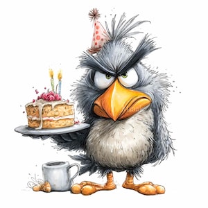 Peut inclure: Illustration de dessin animé d'un oiseau grincheux portant un chapeau de fête, tenant un gâteau avec des bougies allumées et une tasse. L'oiseau est gris avec un grand bec orange et des yeux en colère. Le gâteau a du glaçage blanc et des baies rouges.