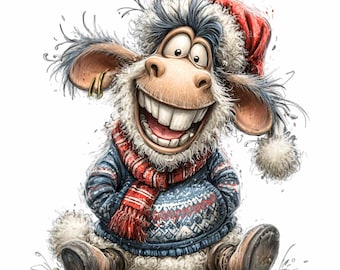 17 PNG Funny Christmas Sheep, Smiling Winter Lamb, Holiday Art