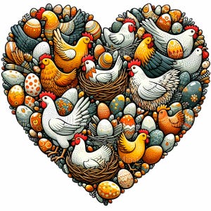 Coração em forma de galinha e ovos Clipart PNG - 12 ilustração de ninho de galinha de fazenda no campo - Design de coração de galinha