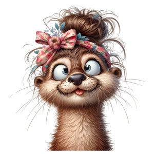 12 clipart PNG mignon loutre, loutre espiègle avec bandeau floral, adorable illustration numérique animal