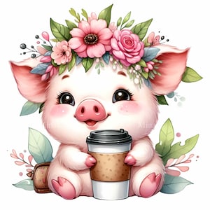 11 PNG Lindo cerdito con café PNG Clipart, Cerdito con corona floral sosteniendo una taza, Adorable diseño de sublimación de animales primaverales