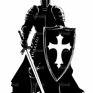 5 archivos SVG de caballero cruzado medieval, clipart de guerrero con espada y escudo, diseño de caballerosidad y honor para Cricut y corte láser