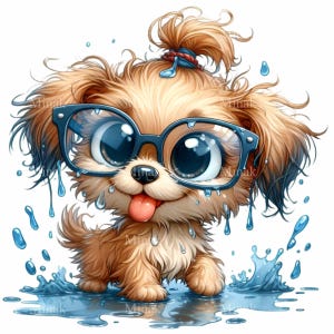 Puppy PNG Clipart with Glasses, Top Knot, and Water Splashes, 12 PNG Perfect for Cute Crafts, Decor, and Invitations