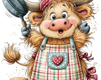 10 PNG Highland Cow Pancake, Baking Chef Apron Artwork