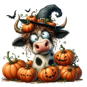 15 Hexe Kuh PNG Clipart, Schwarzweiß-Kuh mit Kürbisse Digital Art, Halloween Kuh Design
