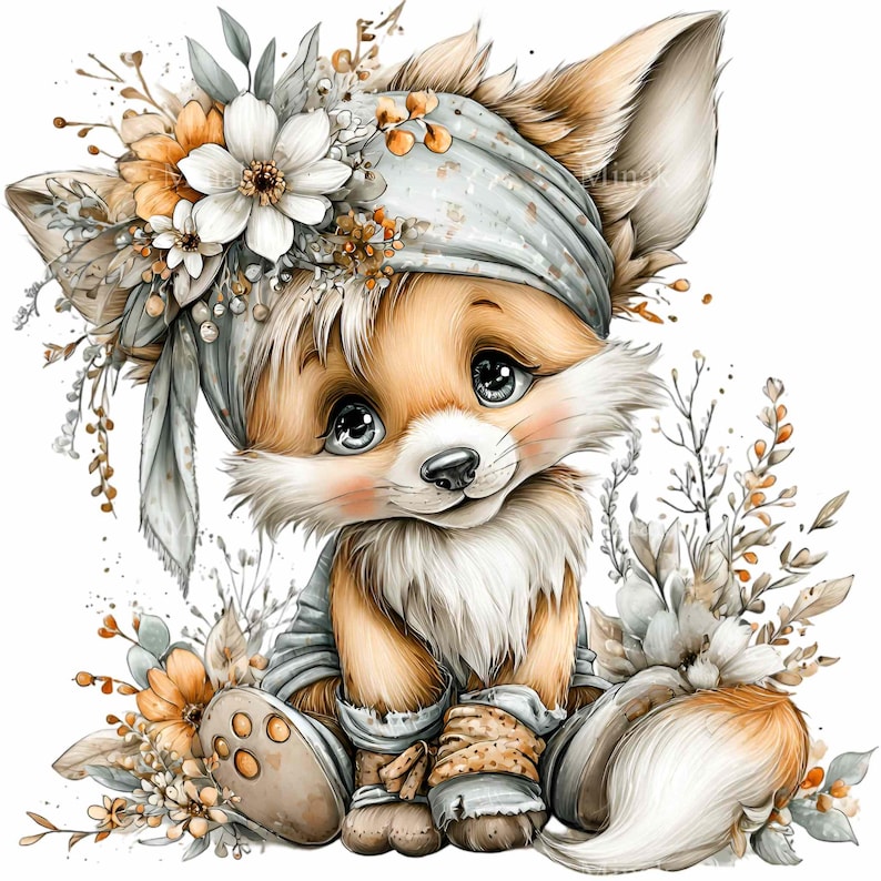 May include: A whimsical illustration of a fox cub adorned with a floral headpiece and a soft blue headscarf. The fox is seated amidst delicate floral arrangements in shades of white, orange, and beige. The cub's fur is a warm brown and white.