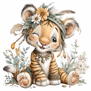 Puede incluir: Un adorable cachorro de tigre de dibujos animados gui&ntilde;a un ojo, adornado con una diadema floral y de plumas, y un collar de cuentas. El cachorro est&aacute; sentado en medio de una suave vegetaci&oacute;n, con pulseras y envolturas para las piernas. El tigre tiene rayas naranjas y negras.