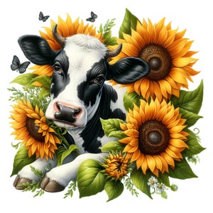 Bella mucca e girasoli Digital Clipart 10 PNG - Vibrante illustrazione di animali da fattoria con farfalle