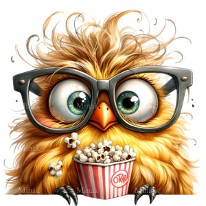 Lustige Eule mit Brille, die Popcorn isst PNG Clipart, 12 niedliche Film Eule Digital Art Illustration