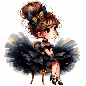 12 jolie fille PNG en robe Tutu noire, élégant clipart ballerine, gros noeud cheveux fille téléchargement numérique, art de la sublimation princesse de ballet