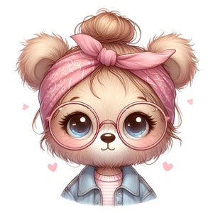 12 graziose clipart di orsetti PNG / occhiali con fascia per capelli / illustrazione di orsi kawaii / design di animali pastello per sublimazione