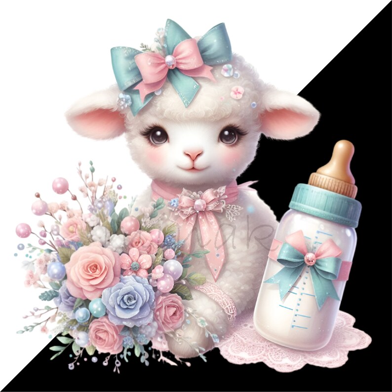 May include: A charming illustration of a lamb with a pink and blue bow, holding a bouquet of pastel flowers. A baby bottle with a matching bow sits beside the lamb. The image has a soft, watercolor style, perfect for baby-themed products.