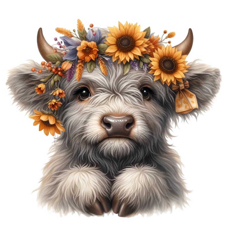 May include: A fluffy white and gray Highland cow calf with a brown nose wearing a flower crown with sunflowers, purple and yellow flowers, and green leaves.