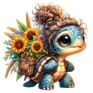 14 süße Schildkröte Clipart PNG | Blumen Rucksack Tierkunst | Sonnenblume Schildkröte Illustration | Skurriles Nature Design zur Sublimation