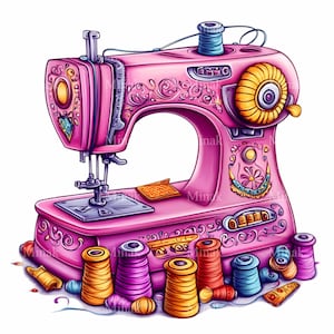 12 cliparts PNG de machine à coudre rose, fond transparent, motif décoratif avec illustration de bobines de fil colorées