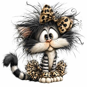 May include: A cartoon illustration of a cat with a surprised expression. The cat has black and white fur, large eyes, and a leopard print bow on its head and around its neck. The cat's tail is striped.