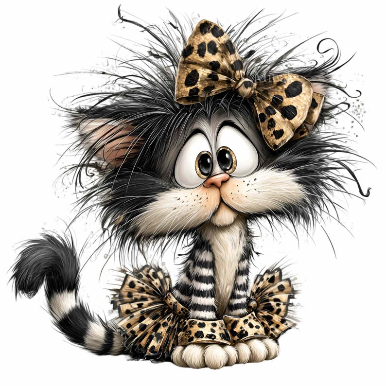May include: A cartoon illustration of a cat with a surprised expression. The cat has black and white fur, large eyes, and a leopard print bow on its head and around its neck. The cat's tail is striped.