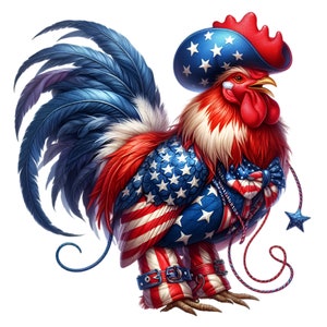 15 png patriottische haan clipart, USA vlag outfit, 4 juli cowboy kip png, American Pride boerderijdier voor sublimatie ambachten