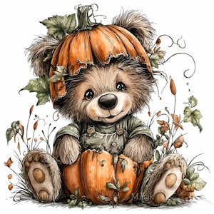 May include: An illustration of a teddy bear with a pumpkin hat and sitting in a pumpkin. The bear wears green overalls and is surrounded by autumn leaves. The image features orange, brown, and green hues, evoking a harvest theme.