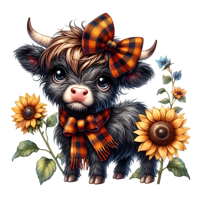 12 PNG Sunflower Highland Cow Clipart – Farm Calf Illustration With Bow ...