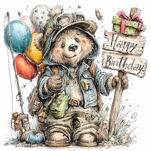 10 clipart de urso de aniversário PNG - animal de aventura fofo png - design de festa infantil, etiquetas de presente, convites, álbum de recortes, impressão por sublimação