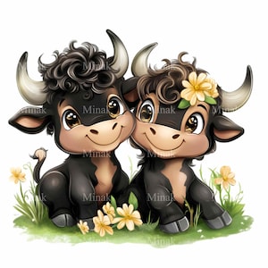 16 jolies vaches PNG Clipart - vaches noires aux cheveux bouclés et fleurs - art animalier de la ferme adorable