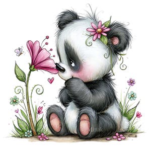 May include: A digital illustration of a fluffy black and white panda sitting down, sniffing a large pink flower. The panda has pink cheeks, a small pink heart floating nearby, and a pink flower tucked behind its ear. Small green plants and flowers surround the panda, with a tiny butterfly hovering near the large flower.