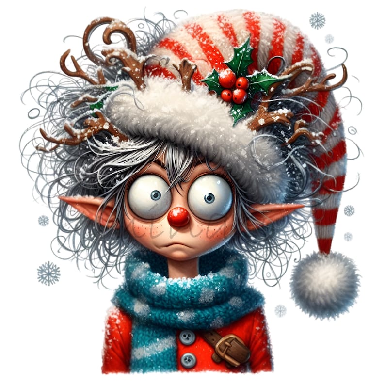 Puede incluir: Un duende de Navidad caprichoso con cabello blanco, que lleva un gorro de Pap&aacute; Noel a rayas rojas y blancas con un pomp&oacute;n blanco, una bufanda azul y un su&eacute;ter rojo. El duende tiene una nariz roja y ojos grandes y abiertos.
