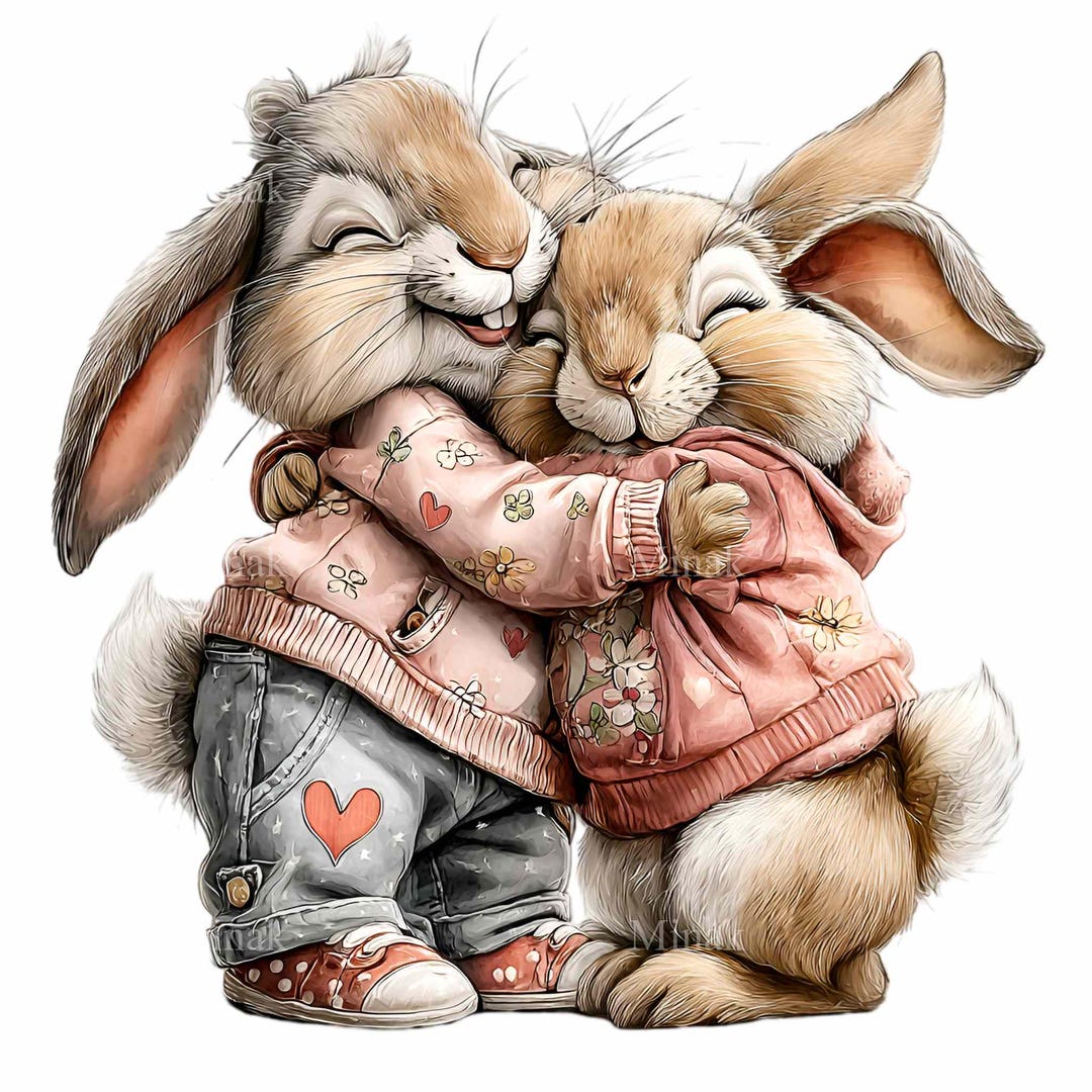 15 PNG Bunny Couple Clipart – Hugging Rabbits Watercolor Friends ...