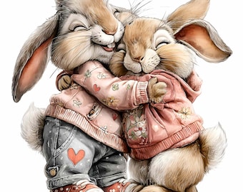 15 PNG Bunny Couple Clipart – Hugging Rabbits Watercolor Friends Nursery Illustration