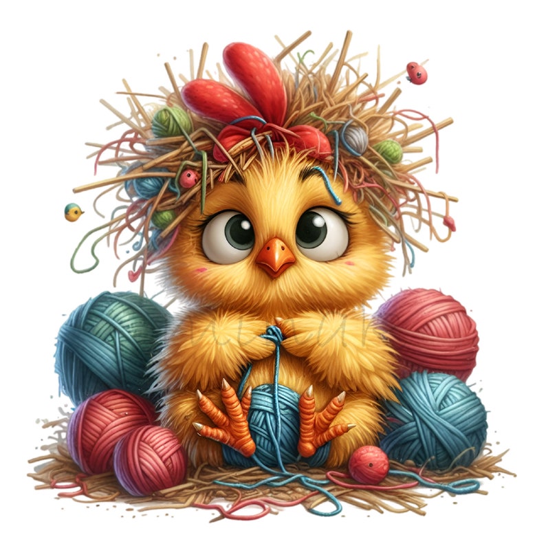 May include: A yellow chick with big eyes is sitting on a nest of yarn balls. The chick is holding a blue yarn ball and is wearing a crown of yarn and straw.