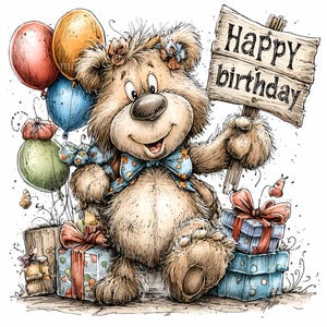11 cliparts de ballons d'anniversaire PNG - Ours de célébration PNG - Animal mignon tenant une pancarte et cadeaux pour décoration de fête et cartes de voeux pour enfants