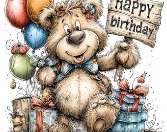 11 balões de aniversário PNG clipart – Urso de celebração PNG – Animal fofo segurando placa e presentes para decoração de festa infantil e cartões comemorativos